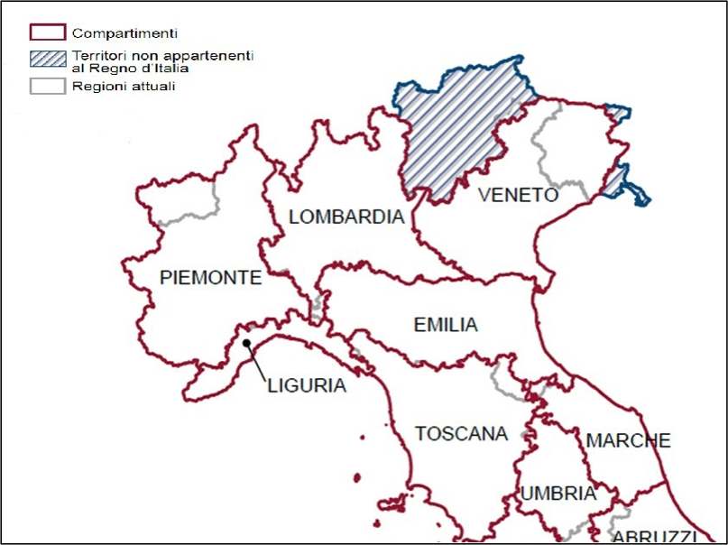 Fig. 2. Compartimenti territoriali nell’anno 1871 [Struttura e dinamica delle unità amministrative territoriali italiane 2018].
